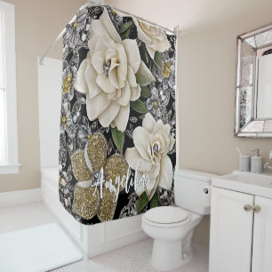 White Flowers with Glitters and Personalized Name Shower Curtain