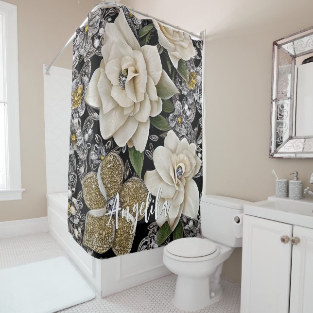 White Flowers with Glitters and Personalized Name Shower Curtain (In Situ)