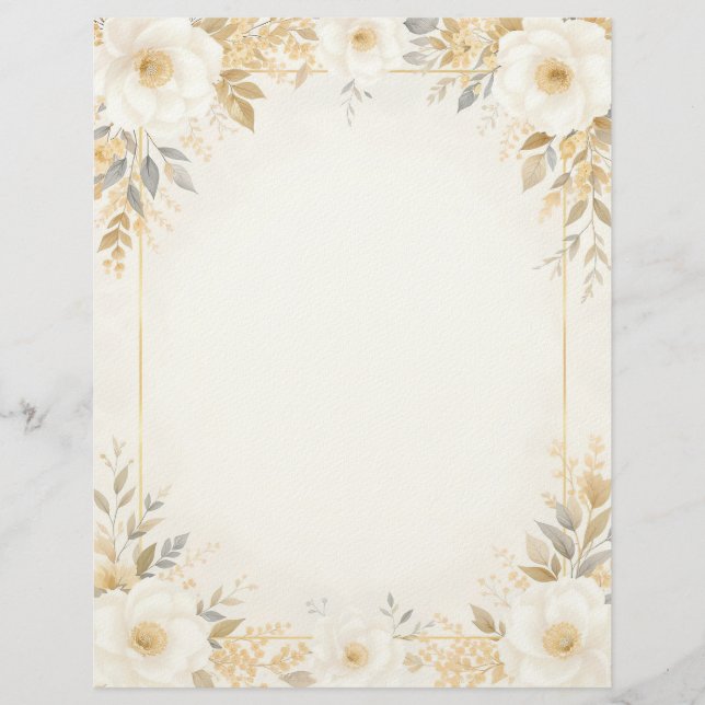 White Flowers with Gold Accents Stationery Paper (Front)