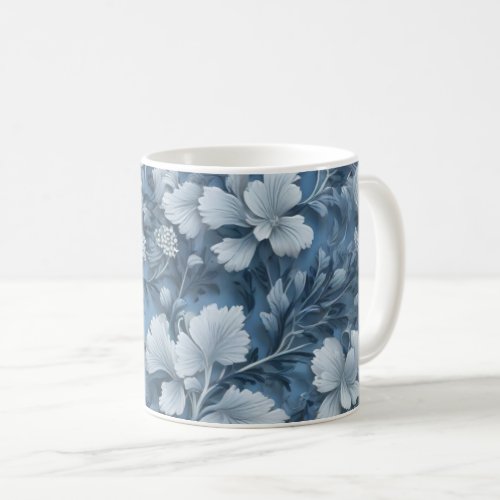 White flowers with grey leaves on blue background coffee mug