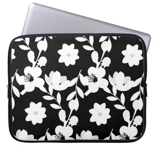 White Flowers with Pearls on Black  Laptop Sleeve