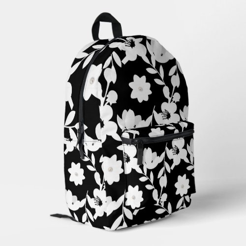 White Flowers with Pearls on Black Printed Backpack