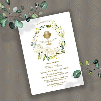 White Flowers Wreath Girl First Holy Communion Invitation by Go4Wedding at Zazzle