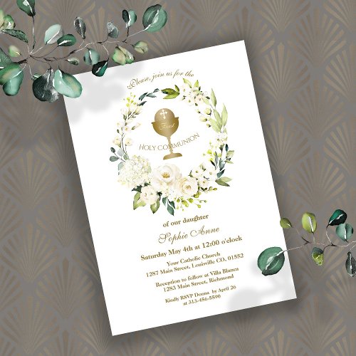 White Flowers Wreath Girl First Holy Communion Invitation