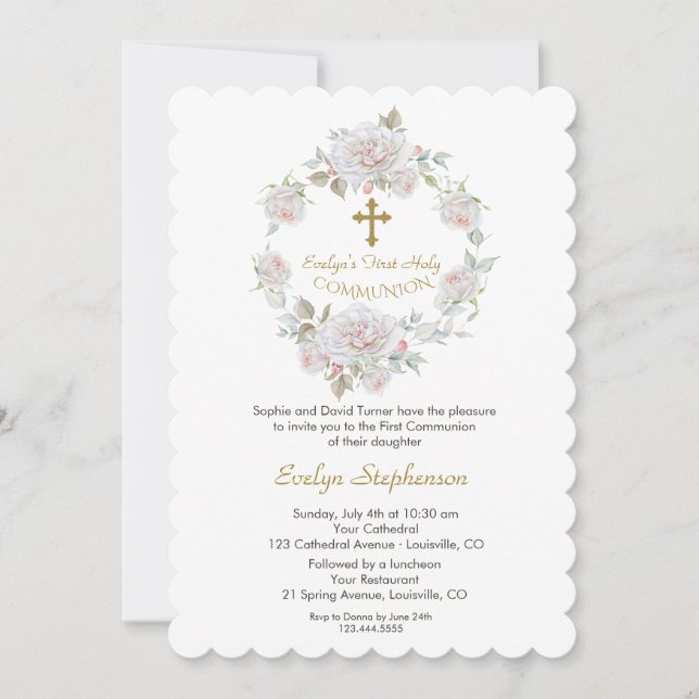 White Flowers Wreath Gold Cross Holy Communion Invitation (Front)