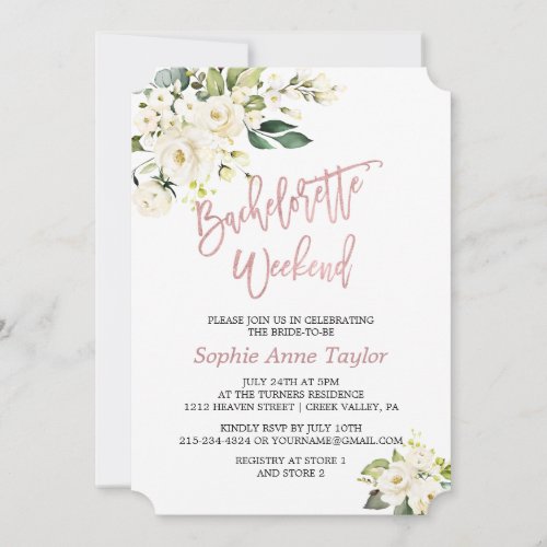 White Flowersl Rose Gold Bachelorette Weekend Invitation