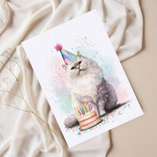 White Fluffy Birthday Cat – Party Hat Cat Postcard
