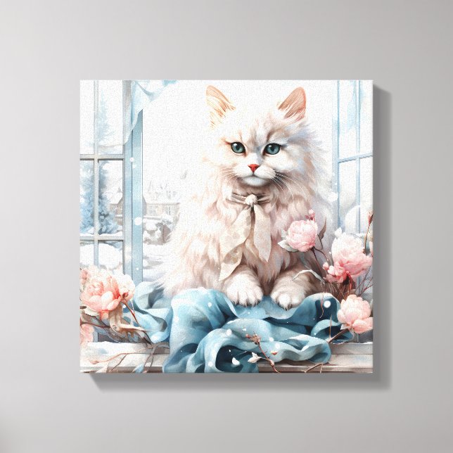 White Fluffy Blue Eyed Cat In A Window Canvas Print (Front)