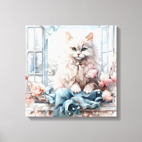 White Fluffy Blue Eyed Cat In A Window Canvas Print