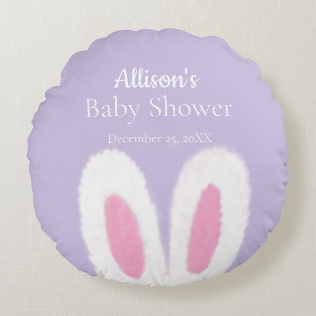 White Fluffy bunny baby shower  Round Pillow (Front)