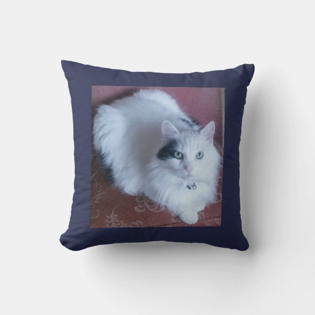 White fluffy cat cuddly long haired cute sofa throw pillow (Front)