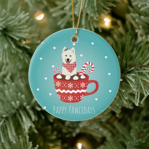 White Fluffy Dog Christmas Happy Pawlidays Ceramic Ornament