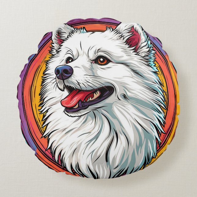 White Fluffy Dog Portrait 🐾  Artistic Style Round Pillow (Front)