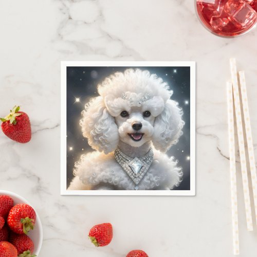 White Fluffy Poodle Wearing A Diamond Collar Napkins