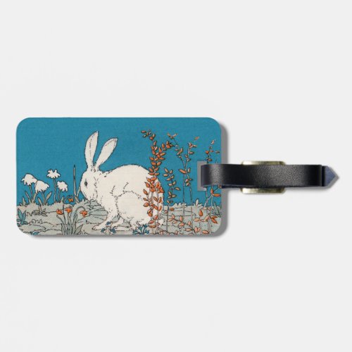 White Fluffy Rabbit Sitting in Pretty Flowers Blue Luggage Tag