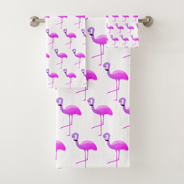 WHITE FLURO FLAMINGO PATTERN BATHROOM TOWEL SET (Insitu)