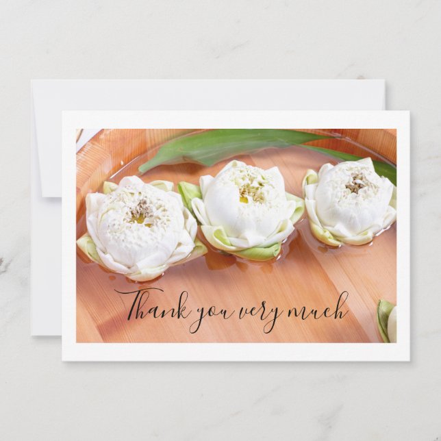 White folded lotus in wooden bowl Thank you card (Front)
