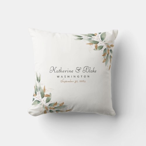 White Foliage  Gold Custom Names Wedding  Throw Pillow