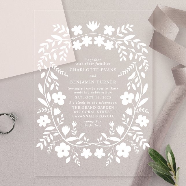 White Folk Art Floral Wedding Acrylic Invitations (Creator Uploaded)