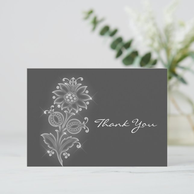 White Folk Art Flower on Gray Thank You Card (Standing Front)