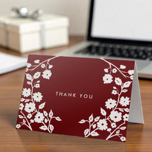 White Folk Flowers Burgundy Thank You Custom Card