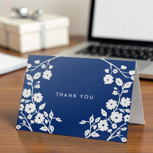 White Folk Flowers Navy Blue Thank You Custom Card