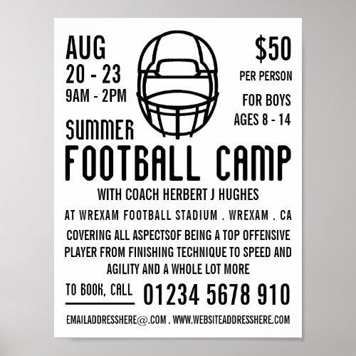 White Football Helmet Football Camp Advertising Poster