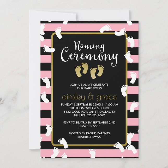 White Footprints Pink Twins Naming Ceremony Invitation (Front)