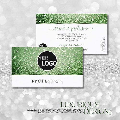 White Forest Green Glitter Sparkle Stars add Logo Business Card