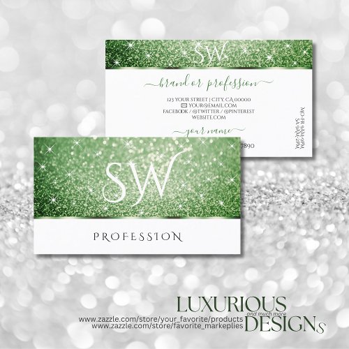 White Forest Green Glitter Sparkle Stars Initials Business Card