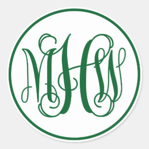 White Forest Green Vine Script Monogram, DIY BG Classic Round Sticker