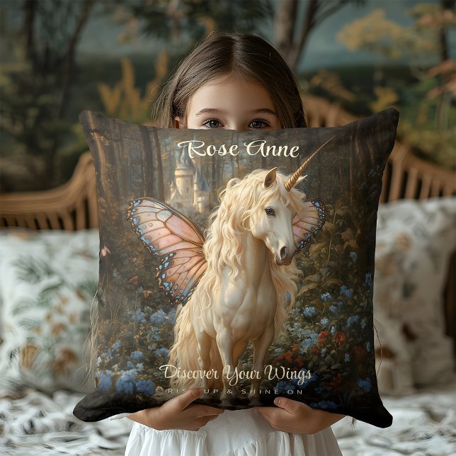White Forest Unicorn Pink Butterfly Wings Horse Throw Pillow (Creator Uploaded)