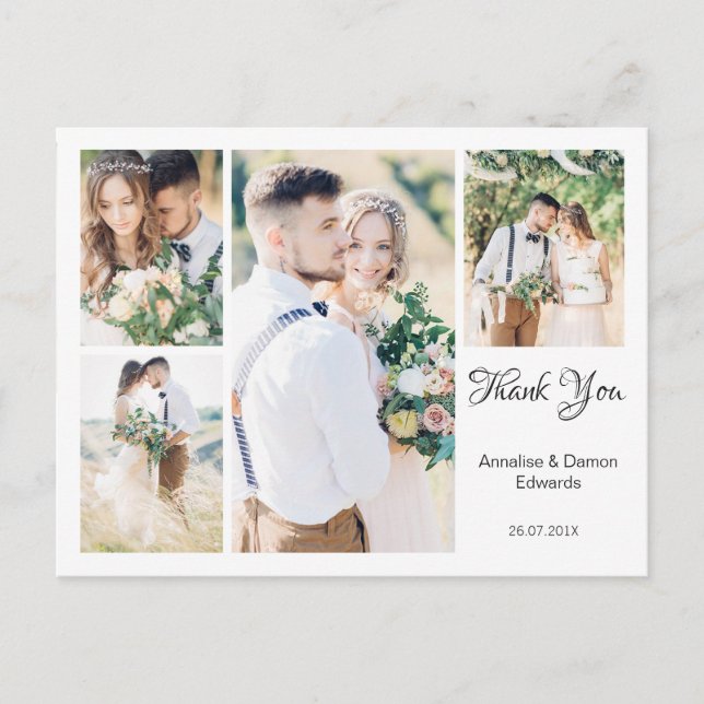 White Four Photo Wedding Thank You Postcard (Front)