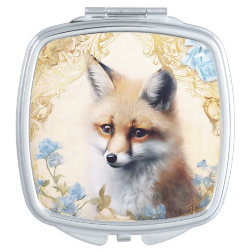 White Fox and Blue Flowers Compact Mirror