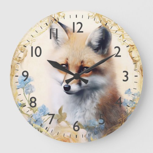 White Fox and Blue Flowers Large Clock