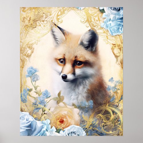 White Fox and Blue Flowers Poster