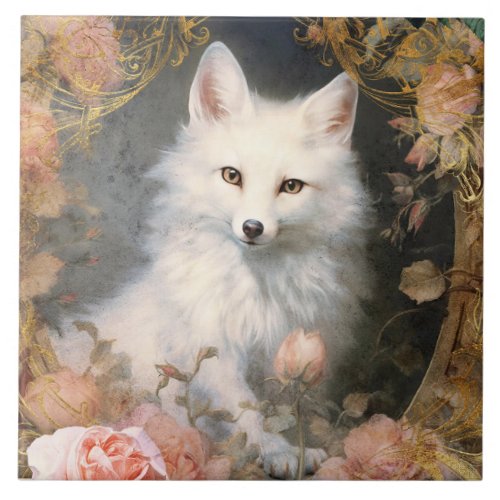 White Fox and Pink Flowers Ceramic Tile