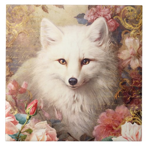 White Fox and Pink Flowers Ceramic Tile