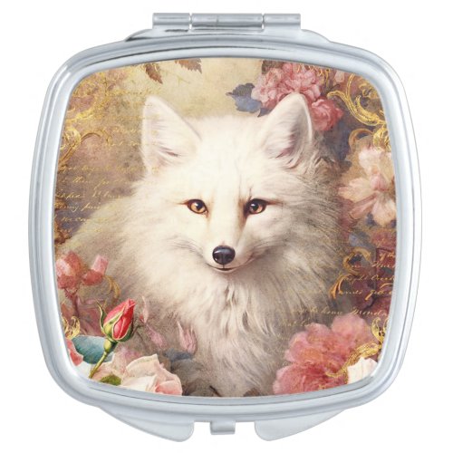 White Fox and Pink Flowers Compact Mirror