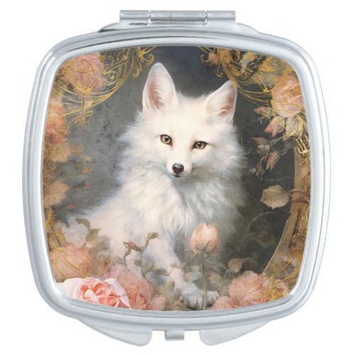 White Fox and Pink Flowers Compact Mirror