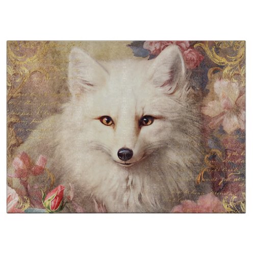 White Fox and Pink Flowers Cutting Board