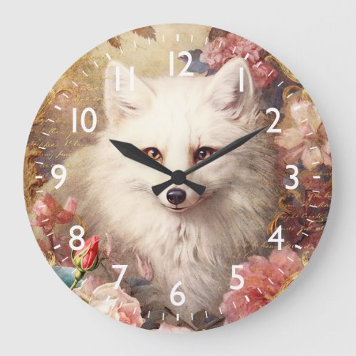 White Fox and Pink Flowers Large Clock