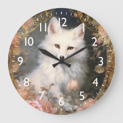 White Fox and Pink Flowers Large Clock