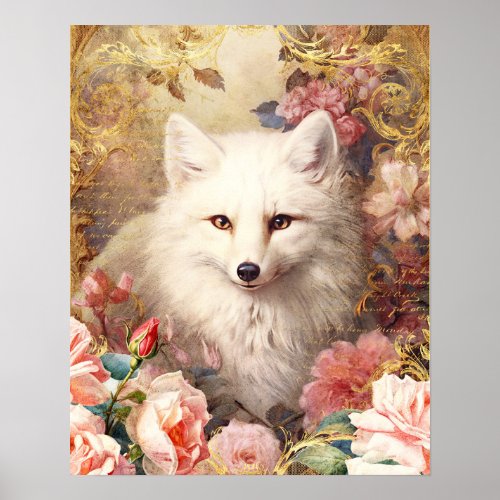 White Fox and Pink Flowers Poster