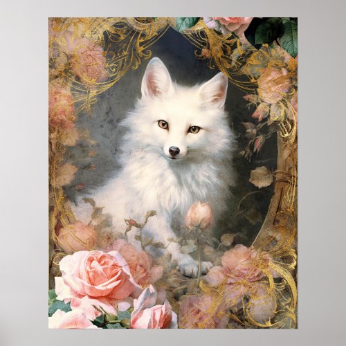 White Fox and Pink Flowers Poster