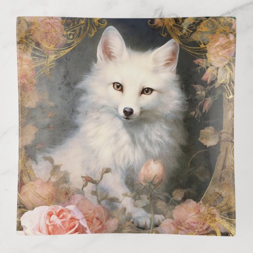 White Fox and Pink Flowers Trinket Tray