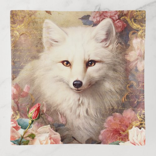 White Fox and Pink Flowers Trinket Tray