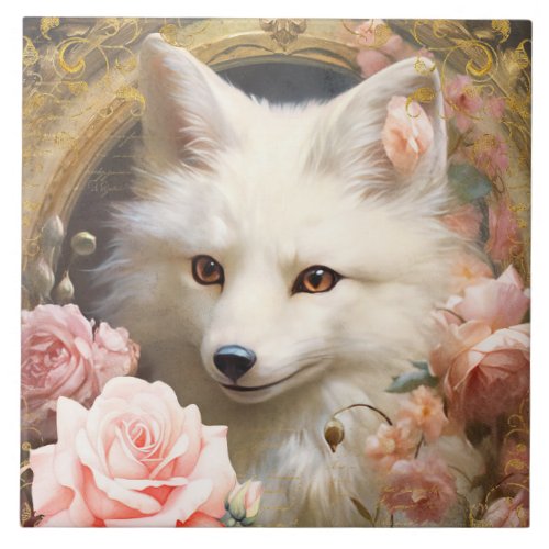 White Fox and Pink Roses Ceramic Tile