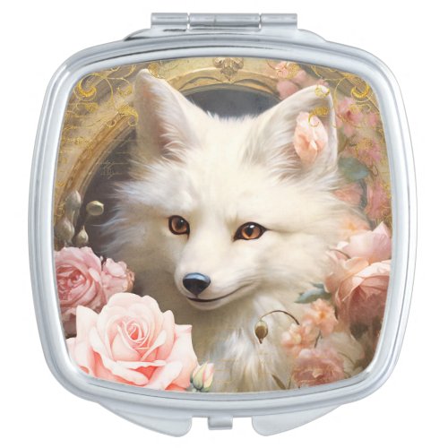 White Fox and Pink Roses Compact Mirror
