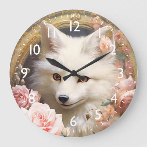 White Fox and Pink Roses Large Clock